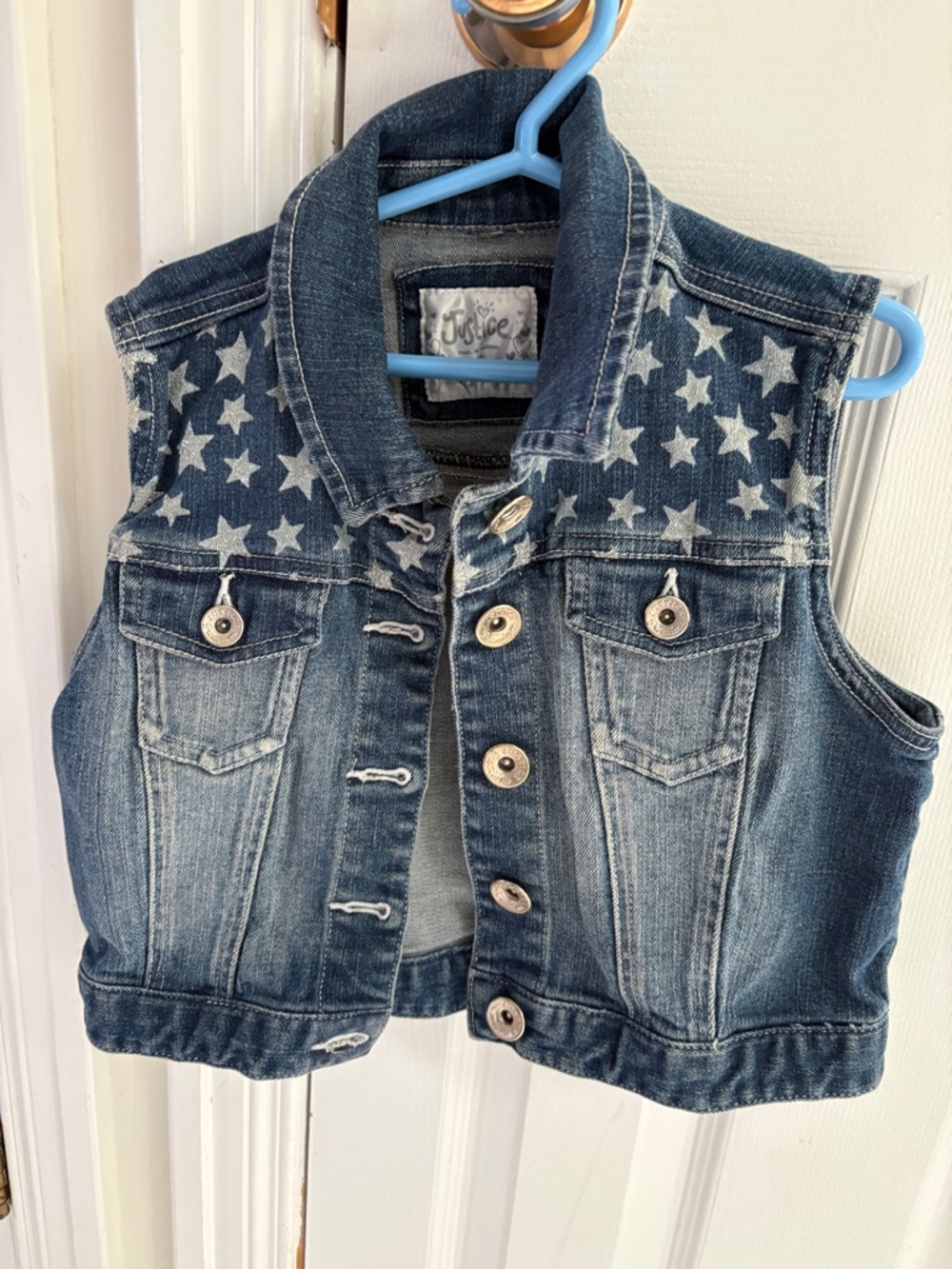Justice Girls Sleeveless Denim Vest with White Star Print